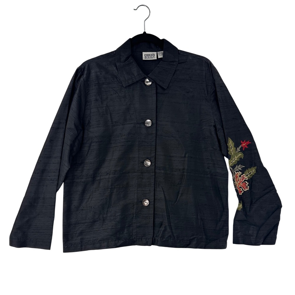 Chicos Design Silk Embroidered Floral Button Down Jacket Black